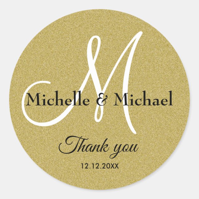Adesivo Redondo Bride And Groom Monogram Gold Glitter Thank You (Frente)