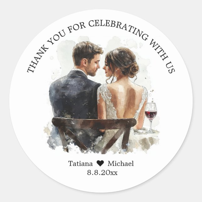 Adesivo Redondo bride & groom illustration thank you wedding (Frente)