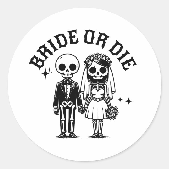 Adesivo Redondo bride or die bachelorette party floral skeletons (Frente)