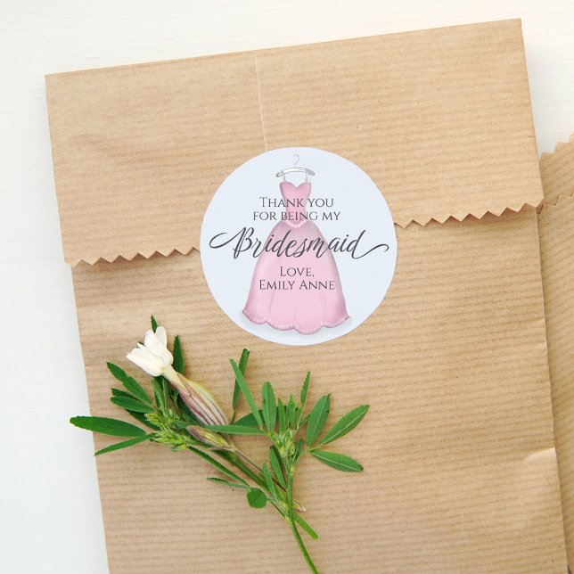 Adesivo Redondo Bridesmaid de Casamento Rosa Muito Obrigado (Elegant Bridesmaid custom sticker. )
