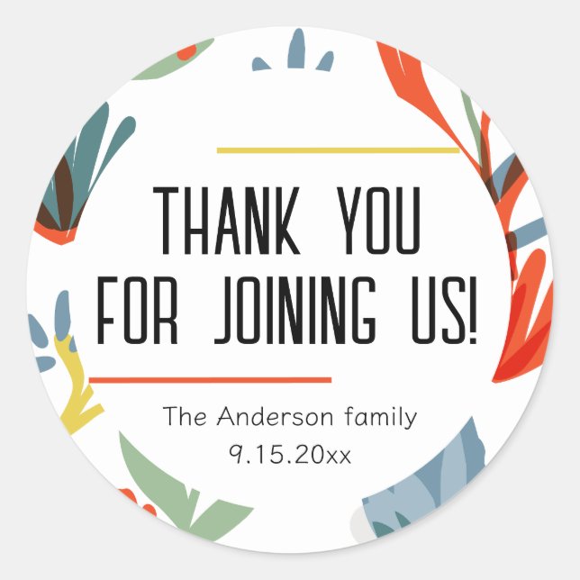 Adesivo Redondo Bright Botanicals Chá de fraldas Obrigado (Frente)