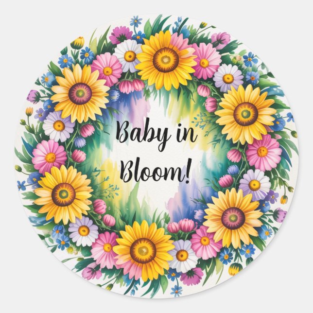 Adesivo Redondo Bright Daisies e Chá de fraldas de flores silvestr (Frente)