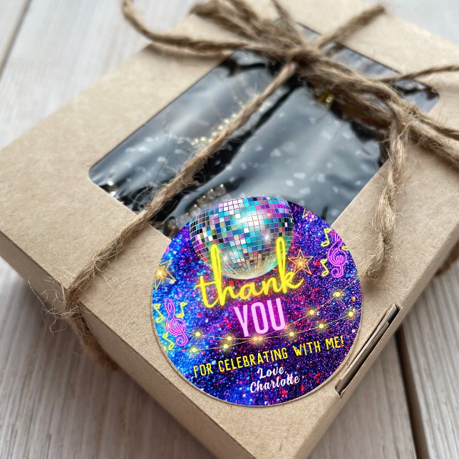 Adesivo Redondo Bright Neon Pink Disco Dance Party Obrigado (Criador carregado)