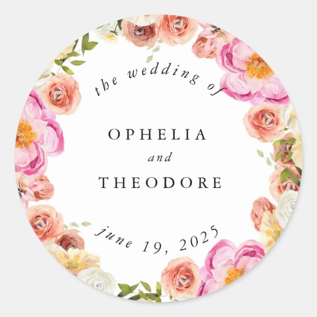 Adesivo Redondo Bright Pink Watercolor Casamento Favor Obrigado (Frente)