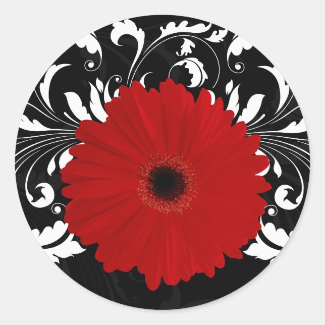 Adesivo Redondo Bright Red Gerbera Daisy em Preto (Frente)