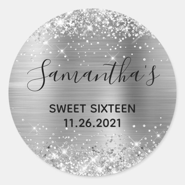 Adesivo Redondo Brilhante Folha de Prata Sweet Sixteen (Frente)