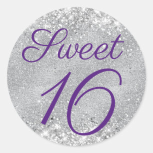 Adesivo Redondo Brilhante Prata e Violeta Real Sweet 16
