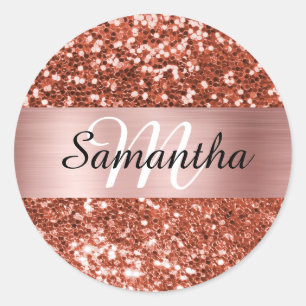 Adesivo Redondo Brilhante Rosa Glitter Cobre Dourado Monograma