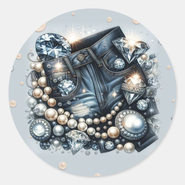 Adesivo Redondo Brilhantes de Denim e Pérolas Jeans Festa de Anive (Frente)