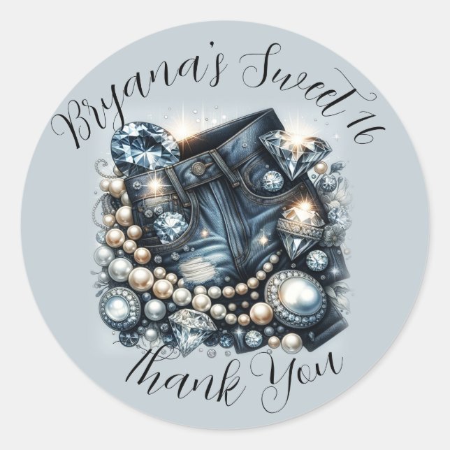 Adesivo Redondo Brilhantes de Jeans e Pérolas Brinco de Festa (Frente)