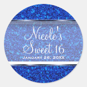 Adesivo Redondo Brilho Azul Glam Sweet 16 Favor Personalizado de F