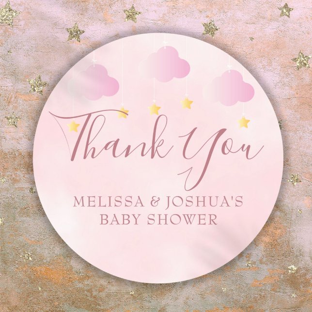 Adesivo Redondo Brilho Brilho Chá de Bebê Rosa Suave Obrigado (Twinkle Twinkle Baby Shower Soft Pink Thank You Classic Round Sticker)