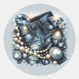 Adesivo Redondo Brilho de Diamantes de Ganga e Pérolas Jeans Festa