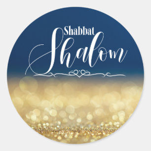 Adesivo Redondo Brilho de Purpurina Dourada Azul, Shabbat Shalom G