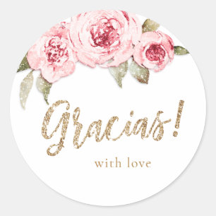 Adesivo Redondo Brilho dourado glitter e gracias favor floral rosa