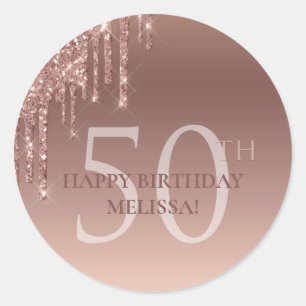 Adesivo Redondo Brilho Espelhado de Aniversário de 50 Anos Rosa