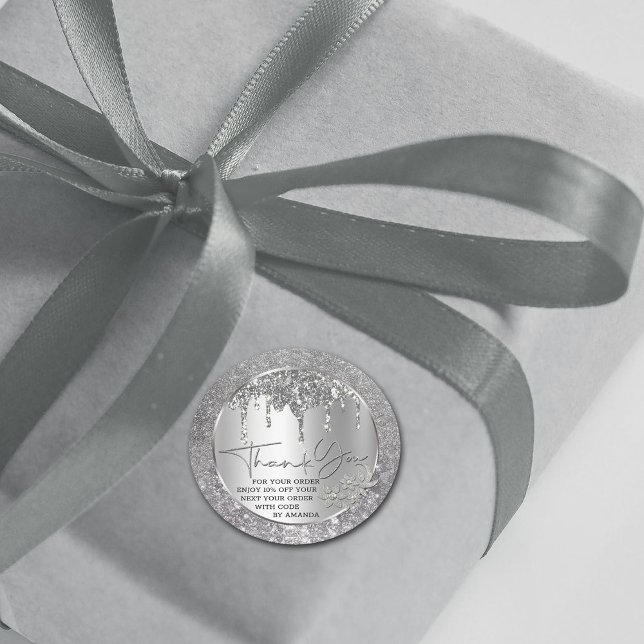 Adesivo Redondo Brilho Obrigado Prata Gotejamento Glitter Clássico (Criador carregado)