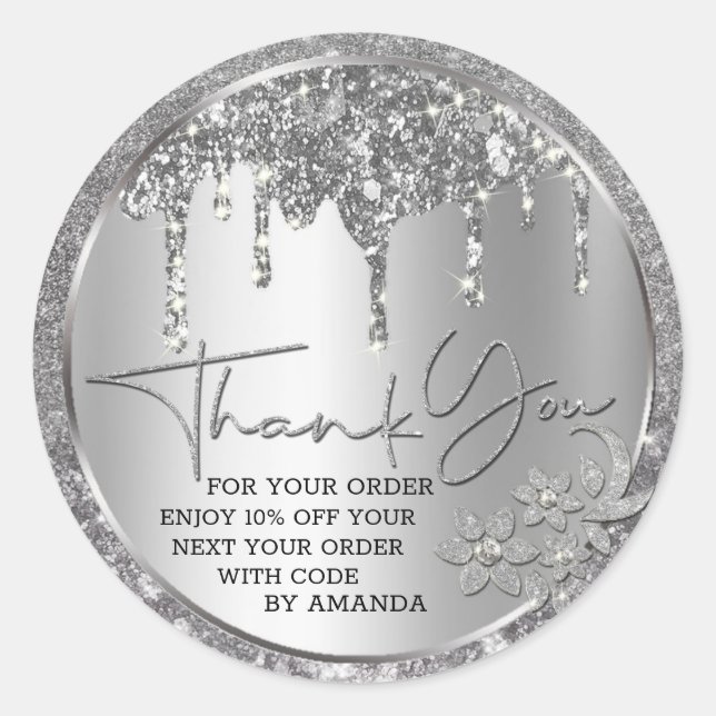 Adesivo Redondo Brilho Obrigado Prata Gotejante Glitter (Frente)