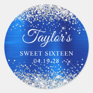 Adesivo Redondo Brilho Prata Azul Real Folha Sweet Sixteen
