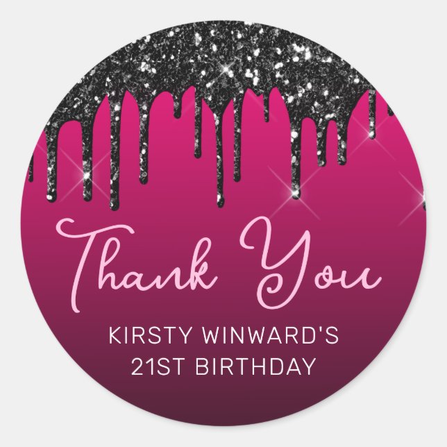 Adesivo Redondo Brilho preto no aniversário rosa (Frente)