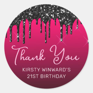 Adesivo Redondo Brilho preto no aniversário rosa