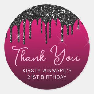 Adesivo Redondo Brilho Preto Pingando em Aniversário Rosa