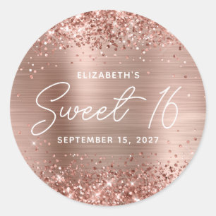 Adesivo Redondo Brilho Rosa Dourado Glam Moderno Script Sweet 16