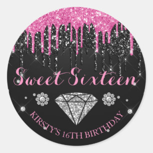 Adesivo Redondo Brilho Rosa e Preto Drip Sweet Sixteen