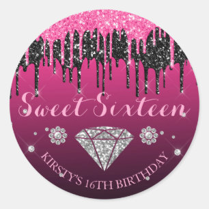 Adesivo Redondo Brilho Rosa e Preto Gotejante Diamante Sweet Sixte