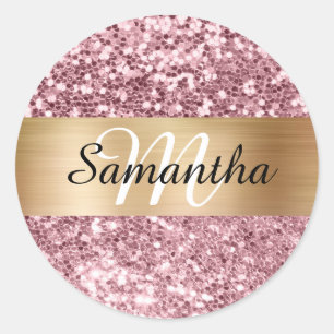 Adesivo Redondo Brilho Rosa Glitter Dourado Monograma Brilhante