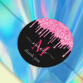 Adesivo Redondo Brilho Rosa Quente + Obrigado Monograma Preto U