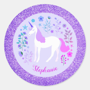 Adesivo Redondo Brilho roxo cor-de-rosa do unicórnio personalizad