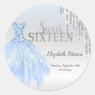 Adesivo Redondo Brilhos Prateados, Vestido Azul Sweet 16 Prata