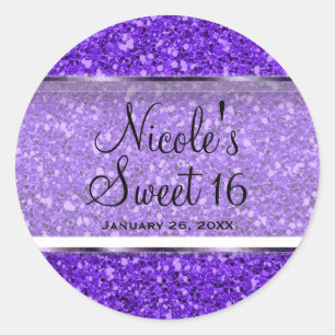 Adesivo Redondo Brinde de Festa Customizado Sweet 16 Brilho Roxo G
