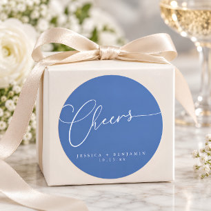 Adesivo Redondo Brinde Minimal Francês Azul Script Casamento Perso