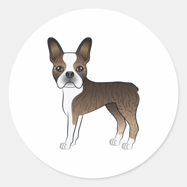 Adesivo Redondo Brindle E White Boston Terrier Cute Cartoon Dog (Frente)