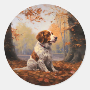 Adesivo Redondo Brittany Spaniel no Outono Folhas Caídas Inspiram