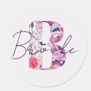 Adesivo Redondo Brooke Baby Name Flower Script Vintage Floral B
