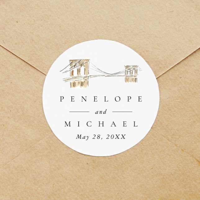 Adesivo Redondo Brooklyn Bridge Nova Iorque (Watercolor Brooklyn Bridge New York City wedding sticker label.)