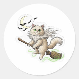 Adesivo Redondo Broomstick Persa - Gato Fluffy Halloween