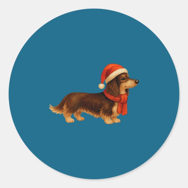 Adesivo Redondo Brown And Tan Christmas Dachshund Santa Hat  (Frente)