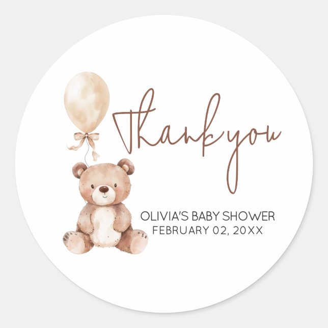 Adesivo Redondo Brown Bear Balloon Baby Shower (Frente)