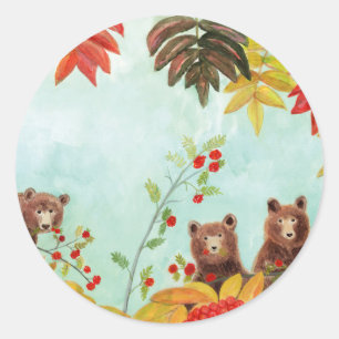 Adesivo Redondo Brown Bears Comendo Berries Rowan Vermelho
