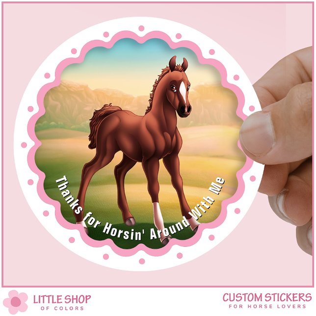 Adesivo Redondo Brown Foal Horse Birthday Party Favor Thank You (Criador carregado)