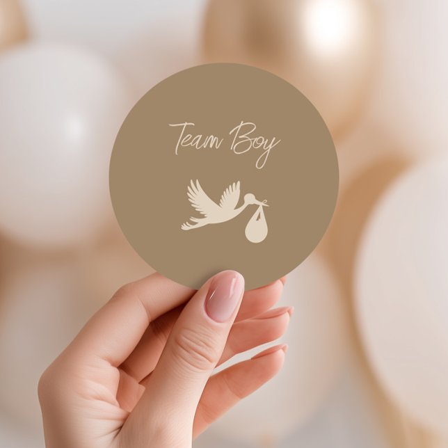 Adesivo Redondo Brown Stork Baby Delivery Gender Reveal Team Boy (Criador carregado)