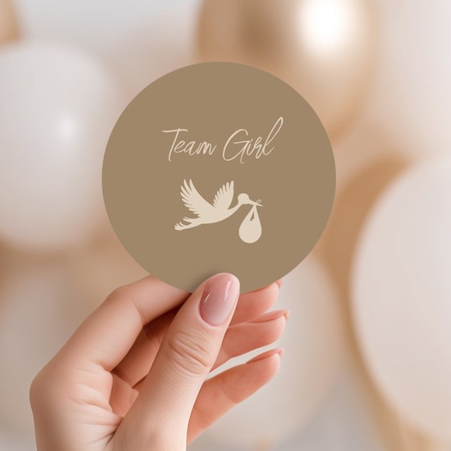 Adesivo Redondo Brown Stork Baby Delivery Gender Reveal Team Girl (Criador carregado)