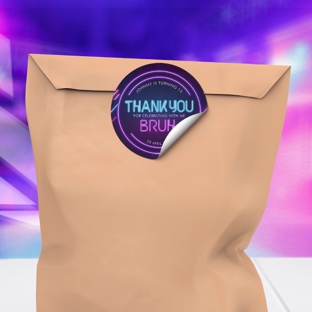 Adesivo Redondo Bruh Neon Arcade Videos games Aniversário Obrigado (Criador carregado)