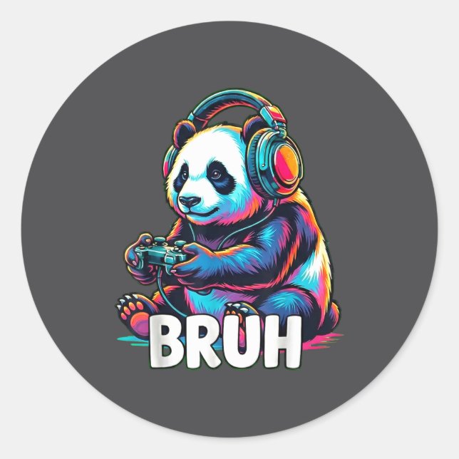 Adesivo Redondo Bruh Panda Gamer With Headphones Controller  (Frente)