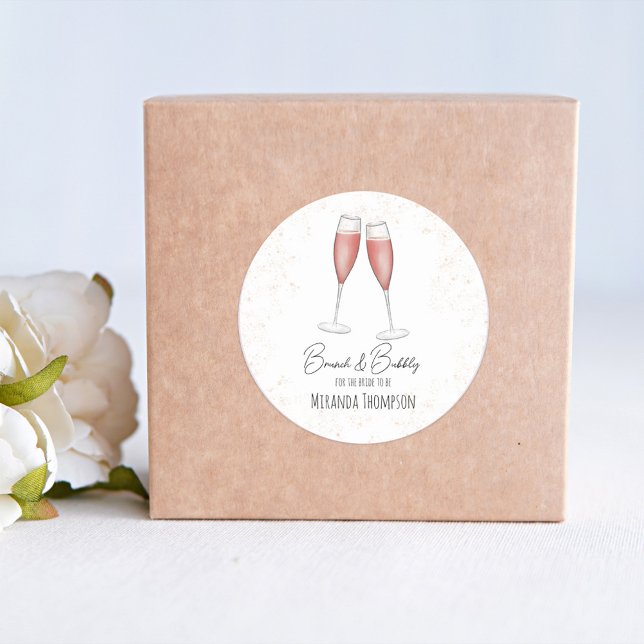 Adesivo Redondo Brunch e Bubbly de Chá de Noiva Rosa em Aquarela (Criador carregado)