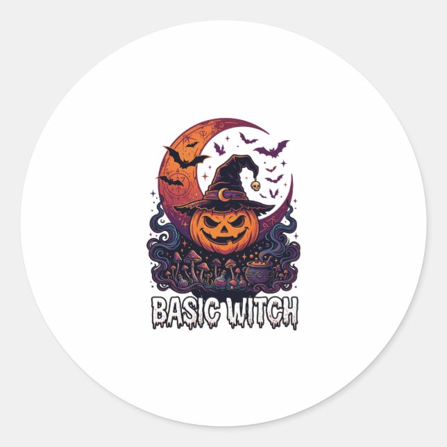 Adesivo Redondo Bruxa Básica de Abóbora de Halloween Crescente Lua (Frente)